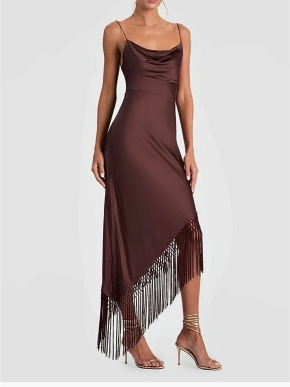 alice + olivia Harmony drapey slip Fringe MidiDress Brown